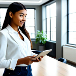 **

A young, ambitious entrepreneur in a modern, well-lit co-working space, fully clothed in a stylish yet modest business casual outfit (think: tailored blazer, crisp blouse, dark jeans, fashionable flats). She's confidently presenting a business plan on a digital tablet to a diverse group of colleagues. Background: clean, minimalist office design with plants and natural light. Safe for work, appropriate content, professional setting, perfect anatomy, natural proportions, high quality.

**