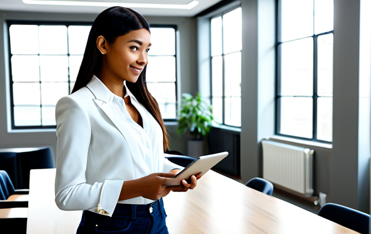 **
A young, ambitious entrepreneur in a modern, well-lit co-working space, fully clothed in a stylish yet modest business casual outfit (think: tailored blazer, crisp blouse, dark jeans, fashionable flats). She's confidently presenting a business plan on a digital tablet to a diverse group of colleagues. Background: clean, minimalist office design with plants and natural light. Safe for work, appropriate content, professional setting, perfect anatomy, natural proportions, high quality.
**