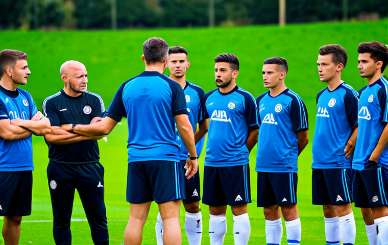 Tactical Midfield Master**
"A soccer coach in a professional training outfit, standing on a well-maintained grass field, instructing a group of fully clothed midfield players during a practice session. The background shows a modern training facility. Focus on tactical instruction. Safe for work, appropriate content, fully clothed, professional, perfect anatomy, natural proportions, high quality, professional photography."
**