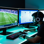 FC온라인 커스텀 전술 저장 - **Prompt:** A focused, mid-20s German gamer intensely staring at a vibrant, high-resolution monitor ...