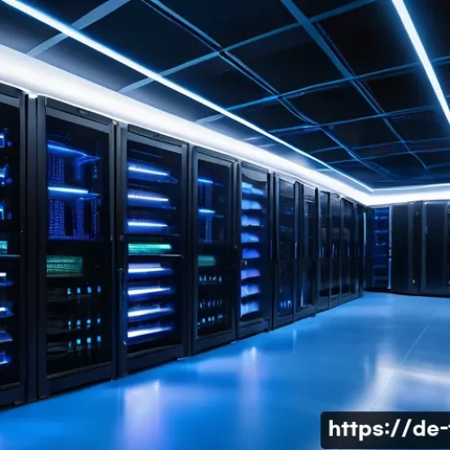 FC온라인 게임 핫픽스 정보 - A high-tech gaming server room filled with sleek black and blue servers glowing softly with LED ligh...