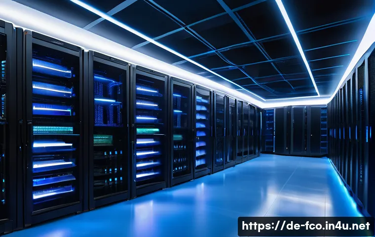 FC온라인 게임 핫픽스 정보 - A high-tech gaming server room filled with sleek black and blue servers glowing softly with LED ligh...