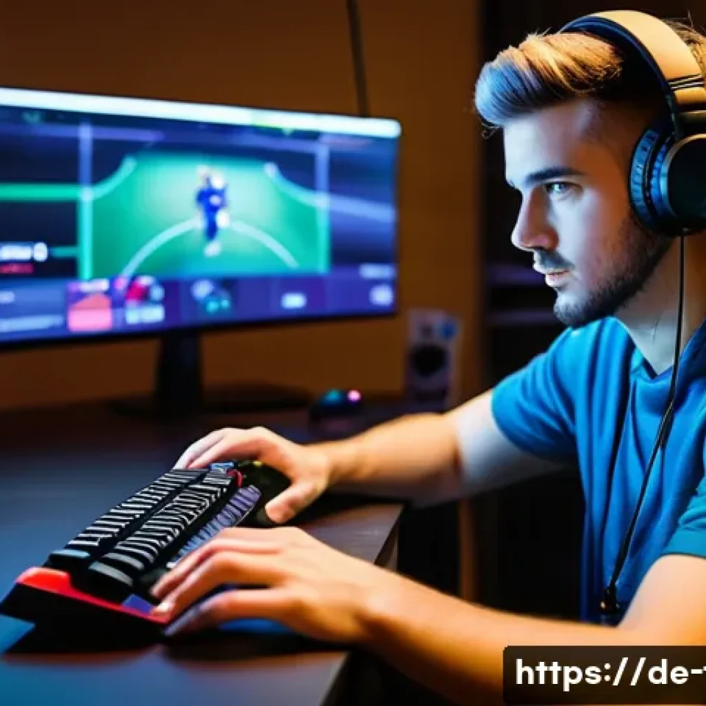 FC온라인 글로벌 대회 준비 - A focused young adult male esports player sitting at a modern gaming setup with multiple monitors di...
