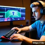 FC온라인 글로벌 대회 준비 - A focused young adult male esports player sitting at a modern gaming setup with multiple monitors di...