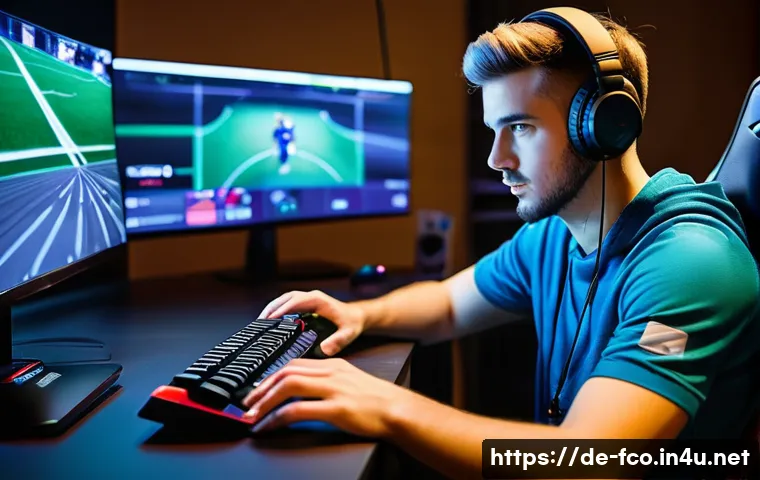 FC온라인 글로벌 대회 준비 - A focused young adult male esports player sitting at a modern gaming setup with multiple monitors di...