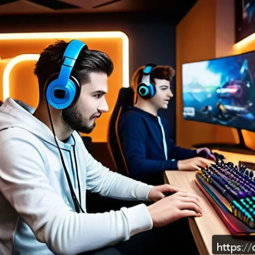 FC온라인 초보자 주의사항 - A detailed scene of a diverse team of gamers in a modern gaming room, focused and communicating acti...