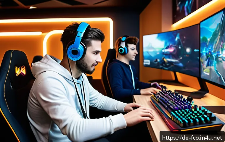 FC온라인 초보자 주의사항 - A detailed scene of a diverse team of gamers in a modern gaming room, focused and communicating acti...