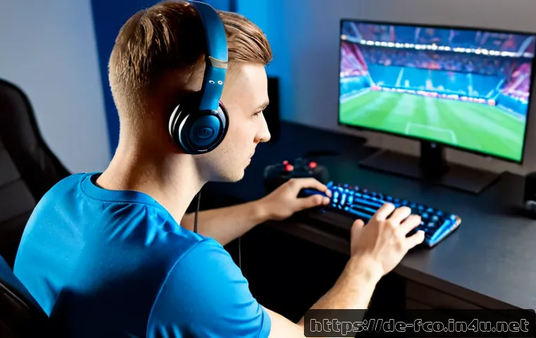 Home 13 FC온라인 순위 경기 비법 - Photorealistic scene of a focused German esports player in a tidy modern apartment, seated at a gami...