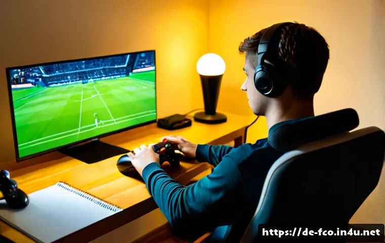 Home 15 FC온라인 챔피언십 도전법 - Photorealistic esports training scene in a modern German apartment, focused young adult player seate...